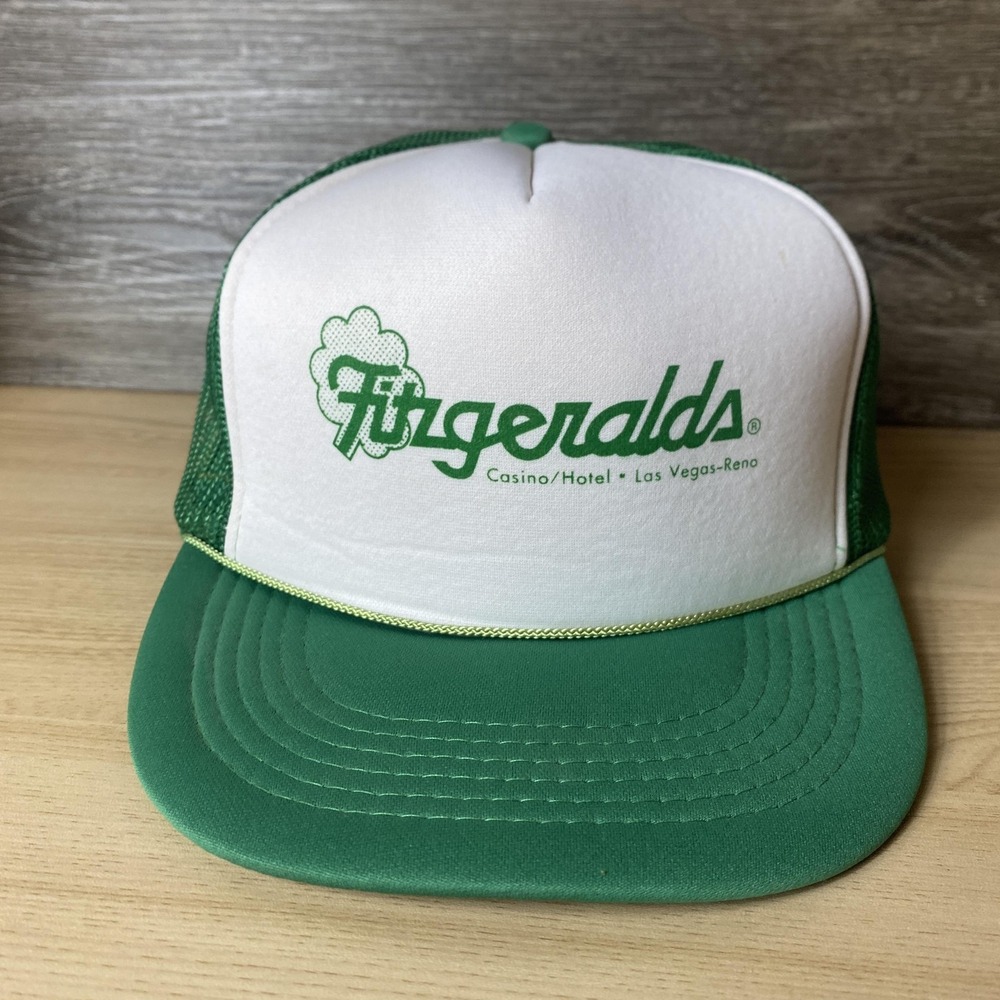Vintage Fitzgeralds Hat Cap Snap Back Green White Trucker Mesh Casino Mens 80s